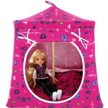 Pink Toy Pop Up Doll, Stuffed Animal Tent, 2 Sleeping Bags, School Print Fabric - £19.62 GBP