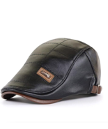 Men&#39;s Adjustable Faux Leather Cap Newsboy Hat Black w Brown Accents NEW - £28.66 GBP