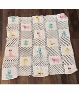 Vintage Handmade Yellow Baby Blanket Animals Pastel Crochet Cross Stitch... - $232.64 MXN