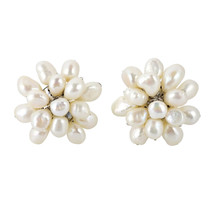 Large White Pearl Floral Cluster Stylish Clip On Statement Earrings - £20.95 GBP