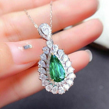 3Ct Pear Cut CZ Green  Emerald Halo Pendant 14k White Gold Plated Silver - £99.90 GBP