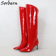 Red Patent Women Boots Custom Wide Fit Legs Pointed Toe Stilettos High Heels Asy - £335.65 GBP