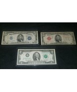 1928 &amp; 1934 Red &amp; Blue Seal $5 Notes 1976 $2 Note - 3 Lot - $54.10 CAD