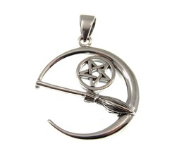Solid 925 Sterling Silver Moon Pentacle &amp; Witch&#39;s Broom Pendant by Peter Stone - £24.40 GBP