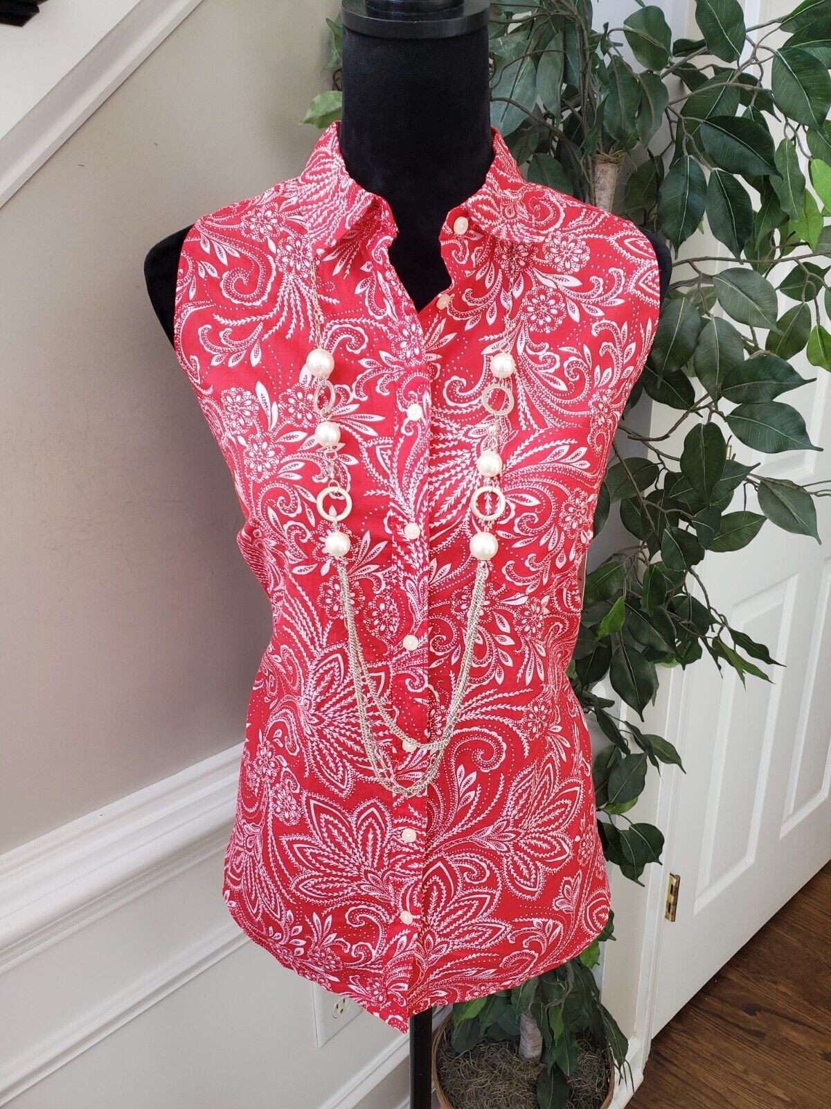 Primary image for ST John's Bay Womens Red Cotton Paisley Collared Button Front Top Blouse Size L