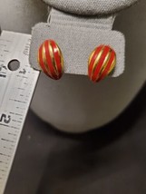Vintage Napier Pierced Earrings Gold Tone with Red Enamel Stripe Dome - £30.02 GBP