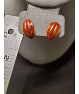 Vintage Napier Pierced Earrings Gold Tone with Red Enamel Stripe Dome - £30.02 GBP