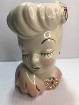 Vintage Glamour Girl Head Vase Planter Beige And Pink With Gold Accents 6.50in H - £27.91 GBP