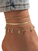 Daisy Ankle Bracelet Enamel Gold Chains 3 Anklets Twee Beach Coquett Jewellery - £5.72 GBP