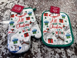 New Set Christmas Cats Oven Mitt &amp; Potholder All I Want For Christmas Is Meow - £15.78 GBP