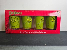 Dr. Seuss The Grinch Set of 4 Smiling Drinking Glasses 16oz Christmas New In Box - £20.98 GBP