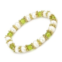 6.5 Inch Lime Green and Imit Pearl Beaded Bracelet with Gold Plated Accents - £7.64 GBP