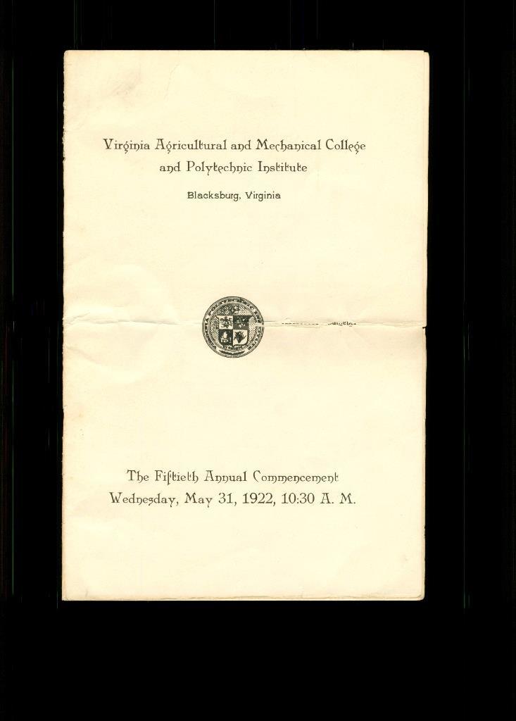 Vintage Paper Virginia Tech VPI 1922 Commencement Program Virginia Polyt... - $14.84