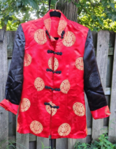 Asian Oriental Brocade Jacket Red &amp; Black Satin Cosplay Halloween Womens - $28.49