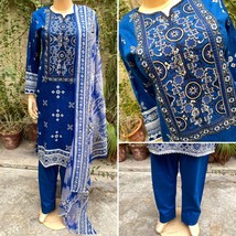 Pakistani Royal Blue Printed Straight Shirt 3-PCS Lawn Suit w/ Threadwork ,S - £43.79 GBP