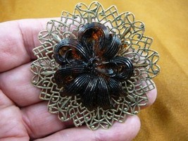 (z26-1) Brown ribbon bow Czech glass button round filigree brass brooch pin - £21.65 GBP