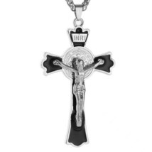 Vintage Jesus Christ Crucifix Cross Pendant Necklace Stainless Steel Chain 24&quot; - £9.46 GBP