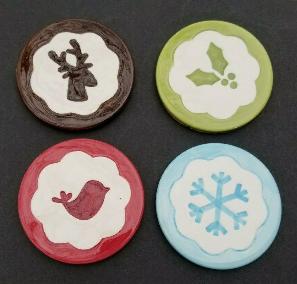 Christmas Coaster Set Of 4 Carlton Cards Holly Reindeer Bird Snowflake Round  - $15.19