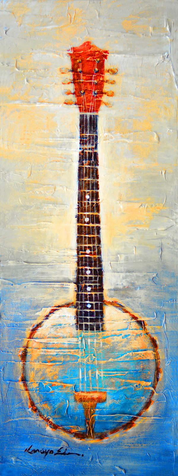 Primary image for 'Blue Banjo' by Kanayo Ede. Giclee print on canvas. 15" x 40"