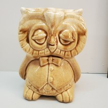 Vtg MCM Art Craft Pottery Sleepy Owl Planter Ceramic brown drip glaze bow tie - £21.29 GBP