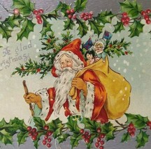 Santa Claus Father Christmas Postcard Long Beard Holly Germany 679 Brattleboro - £10.46 GBP