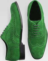 Oxford Wing Tip Green Wing Tip Brogue Toe Handcrafted Genuine Suede Leather Men - £111.90 GBP