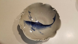 Grey and Blue Fish Design Oriental Marking 10&quot; Wide Decorative Glazed Bowl - $79.15