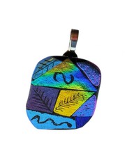 Handmade Dichroic Fused Glass Pendant Teal Purple Blue Copper FREE SHIP 1.25x2&quot; - £36.27 GBP