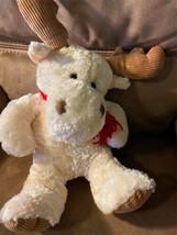 Vtg Christmas Moose White Tan Plush Stuffed Animal 15 Inch Sitting Holiday Scarf - £12.42 GBP