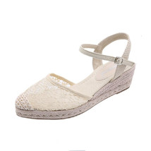Straw Braided Closed Toe Mesh Wedge Sandals Women Summer Ankle Strap Retro Pumps - £44.50 GBP