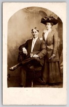 RPPC Attractive Edwardian Couple Woman Large Hat Man Sweet Smile Postcard P26 - £9.41 GBP
