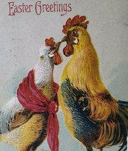 Easter Postcard Fantasy Dressed Kissing Roosters Anthropomorphic Vintage 1909 - £20.70 GBP