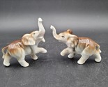 Vintage 2 Ceramic Brown &amp; Beige Tusks Elephants Trunk Up Good Luck Figur... - $9.89