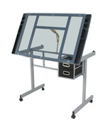 Drawing Desk Station Tempered Glass Adjustable Drafting Table W/ 4 Wheel... - $156.99