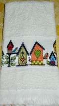 Cross Stitched Towel ~ Birdhouses 10&quot; X 17&quot; Terry Hand Guest Towel - £9.74 GBP