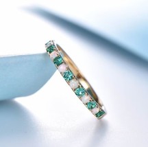 Natural Opal &amp; Emerald Wedding Band, Half Eternity Band, 2MM Vintage Ring, - £54.39 GBP