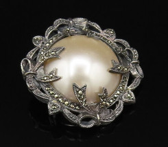 925 Silver - Vintage Marcasite Bow Wrapped Freshwater Pearl Brooch Pin -... - £52.40 GBP