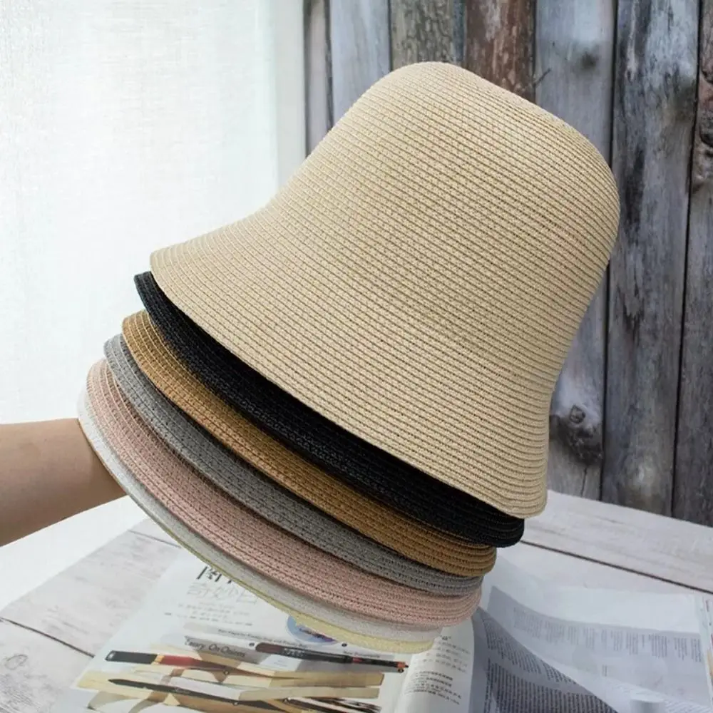 Foldable Women Straw Bucket Hat Fashion Breathable Wide Brim Fisherman Hat Solid - £12.13 GBP