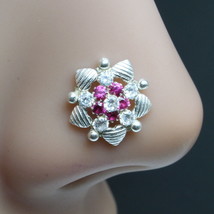 Floral Indian 925 Sterling Silver Pink White CZ Studded Corkscrew nose ring 22g - £11.16 GBP