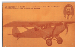 Lt Herbert J Fahy holds world record for solo non fueling Airplane Postcard - £7.75 GBP