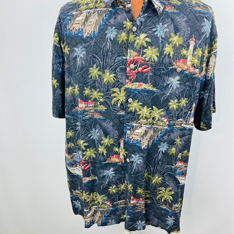 Campia Hawaiian Aloha XL Shirt Tiki Huts Boats Palm Trees Ocean Islands Tropical Item image 3