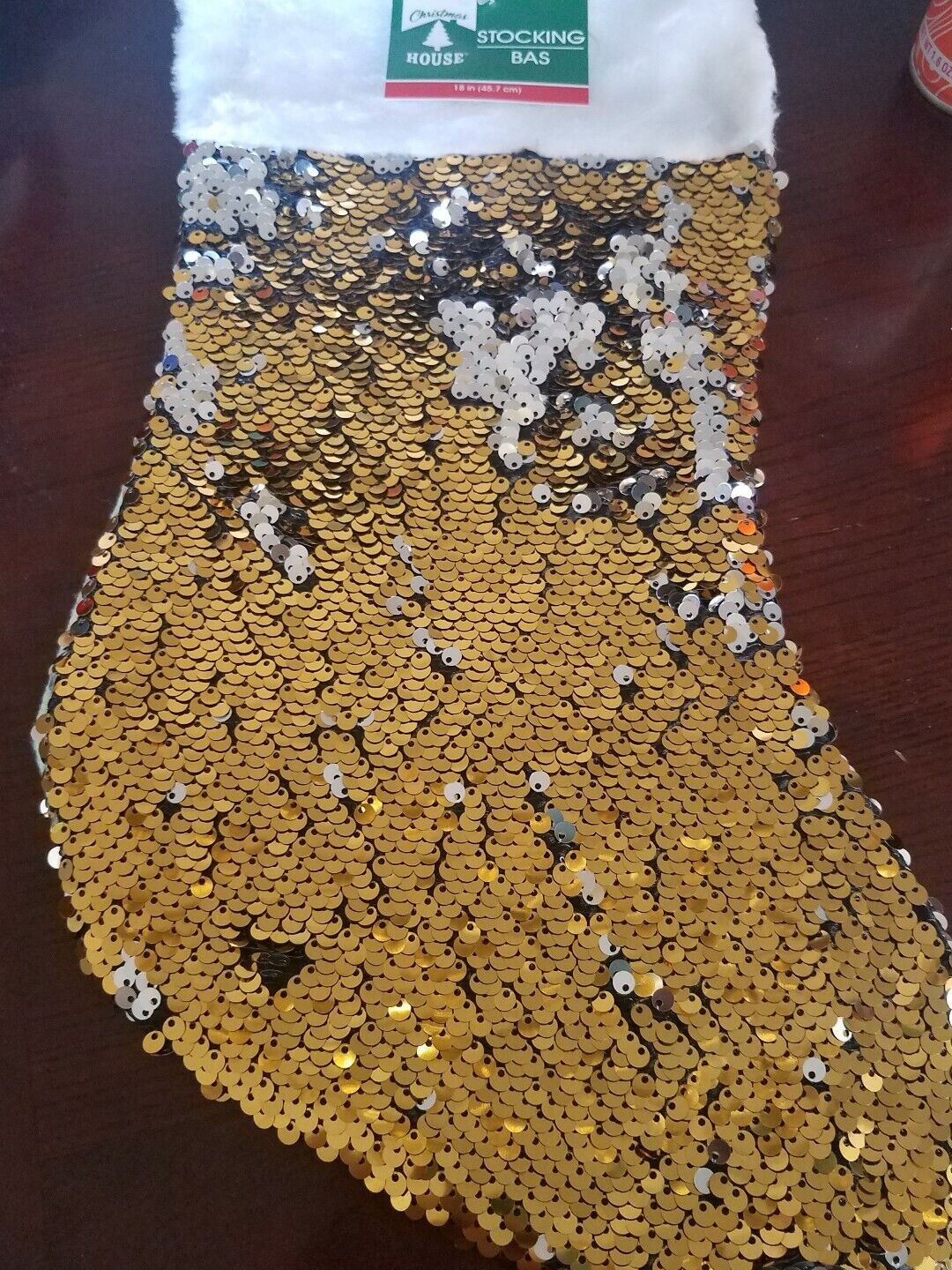 Christmas House Gold /Silver Sequin Flip Yellow Stocking. 18&quot;. NEW - $12.52