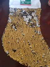 Christmas House Gold /Silver Sequin Flip Yellow Stocking. 18&quot;. NEW - £11.77 GBP