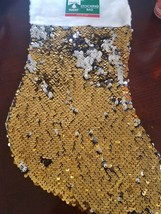 Christmas House Gold /Silver Sequin Flip Yellow Stocking. 18&quot;. NEW - £11.53 GBP