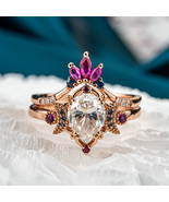 Pear Moissanite&amp;Amethyst Engagement Ring Set Unique Memorial Ring Love Gift - $450.00+