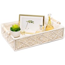 Macrame Decorative Tray Boho Home Decor Basket With Wooden Handles Handmade Wove - £37.95 GBP