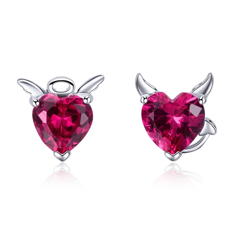 Fashion 925 Sterling Silver Angel And Devil Pink CZ Heart Stud Earrings for Wome - £20.88 GBP