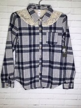 Plaid Lace Trim Blue White Long Sleeve Button Down Front Shirt Top Womens Size S - £12.18 GBP