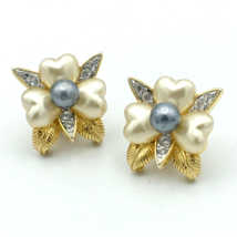 NOLAN MILLER vintage flower clip-on earrings - gold-tone rhinestone faux pearl - £19.77 GBP