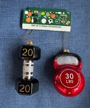 2 Blown Glass Christmas Ornaments 20lb Dumbbell &amp; Red Kettleball Weights... - £19.66 GBP